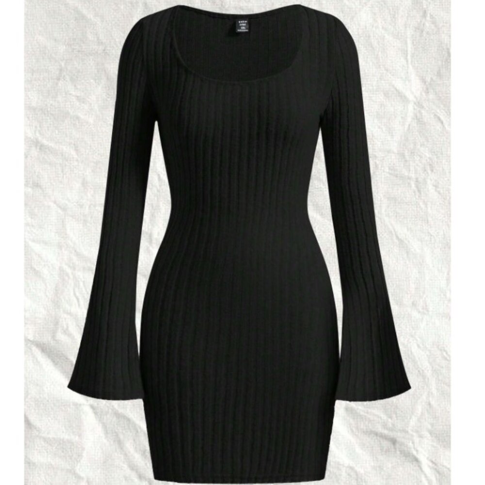 Knit Long Sleeve Bodycon Dress - Black, Flare Sleeve, Rib-Knit, Slim Fit 14